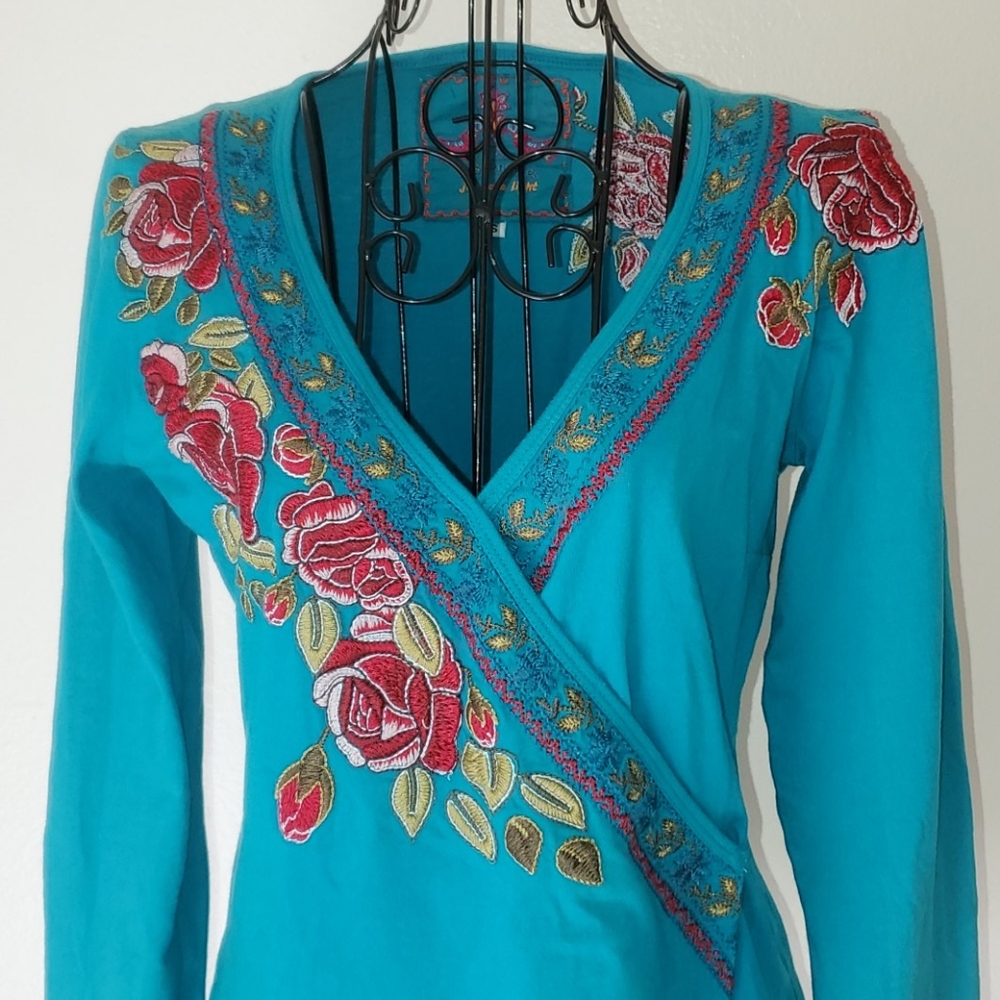 Johnny Was Embroidered Turquoise Top